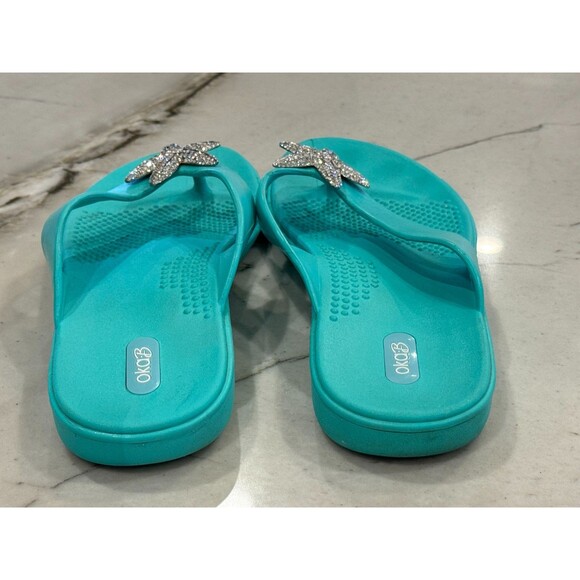 Oka-B Beach/Pool Flip Flops Comfort Flats/Teal/ M/L  8-9 Studded Starfish - Picture 8 of 9